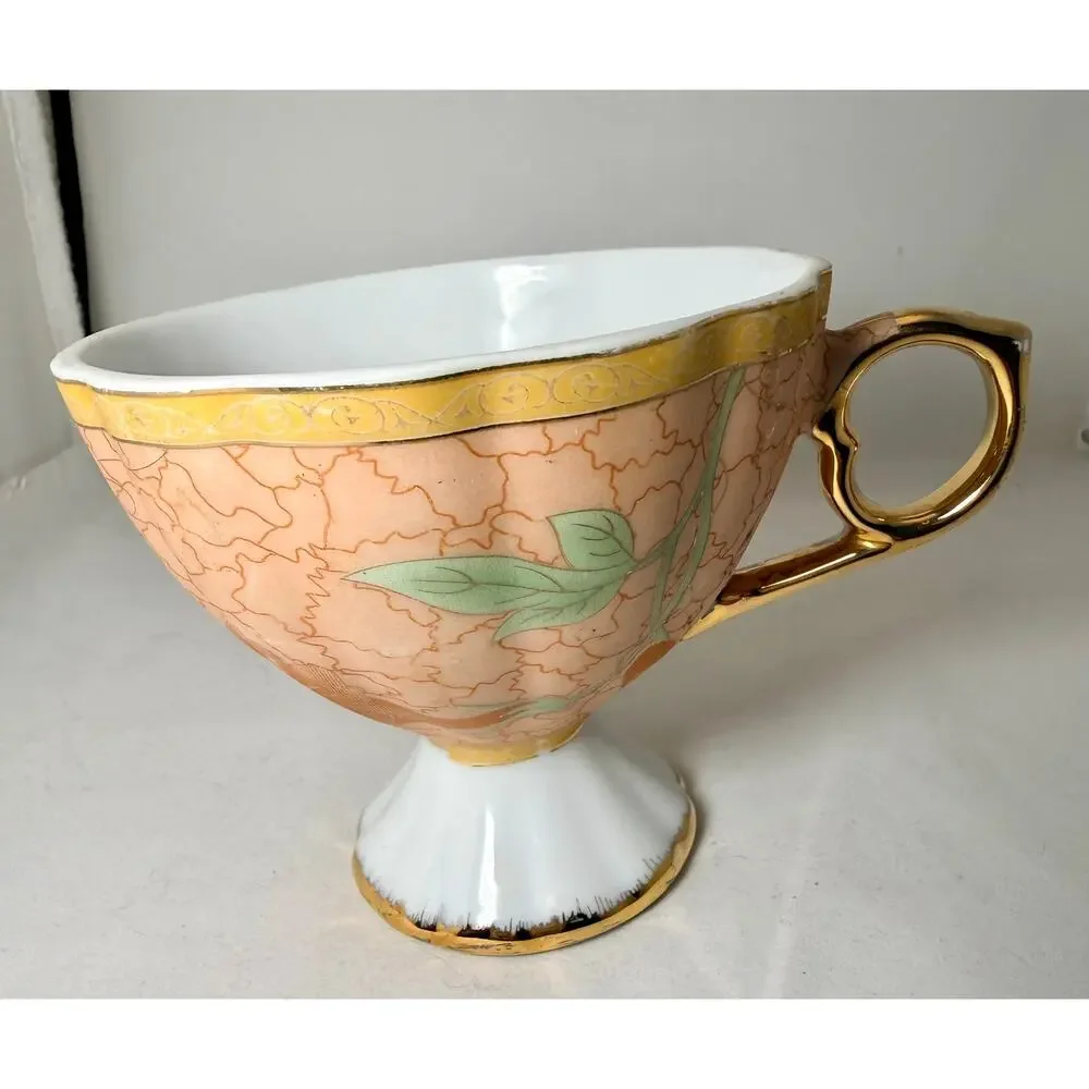 Vintage Yamasen Japan 24K Gold Plated Peach Floral Porcelain Tea Cup & Saucer